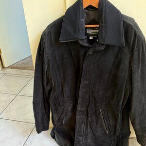 Men's Jacket Black 100% Leather SZ L Zip & Button Closure Detach Collar 32" Long